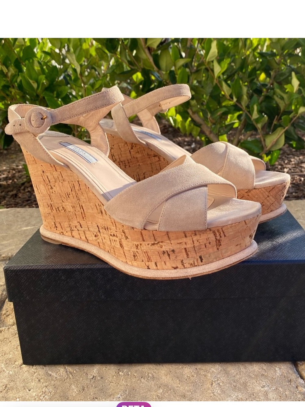 Prada Nude Suede Crisscross Platform Wedges
